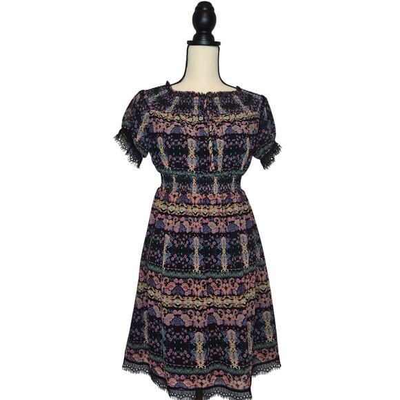 Anna Sui Dresses & Skirts - Sui Anna Sui Smocked Boho Peasant Dress Black Lace Multicolor Tribal Print Sz S